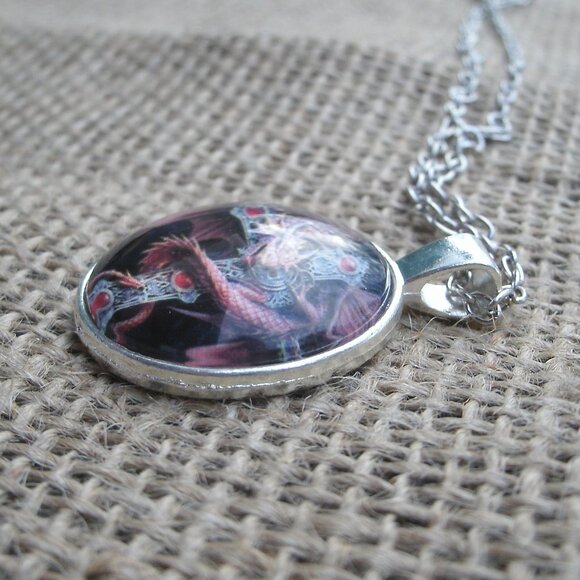 Red Dragon & Celtic Cross Glass Cabochon Pendant Necklace - Picture 7 of 12